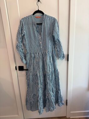 Oliphant Blue & White Striped Button-Front Tiered Maxi Dress